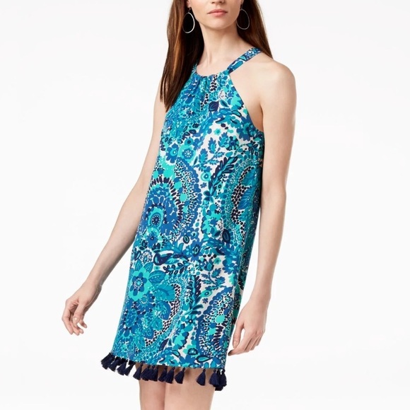 Trina Turk Dresses & Skirts - Trina Turk Blue Green Floral Halter Dress Tassel Hem Women’s Size 2 NWT